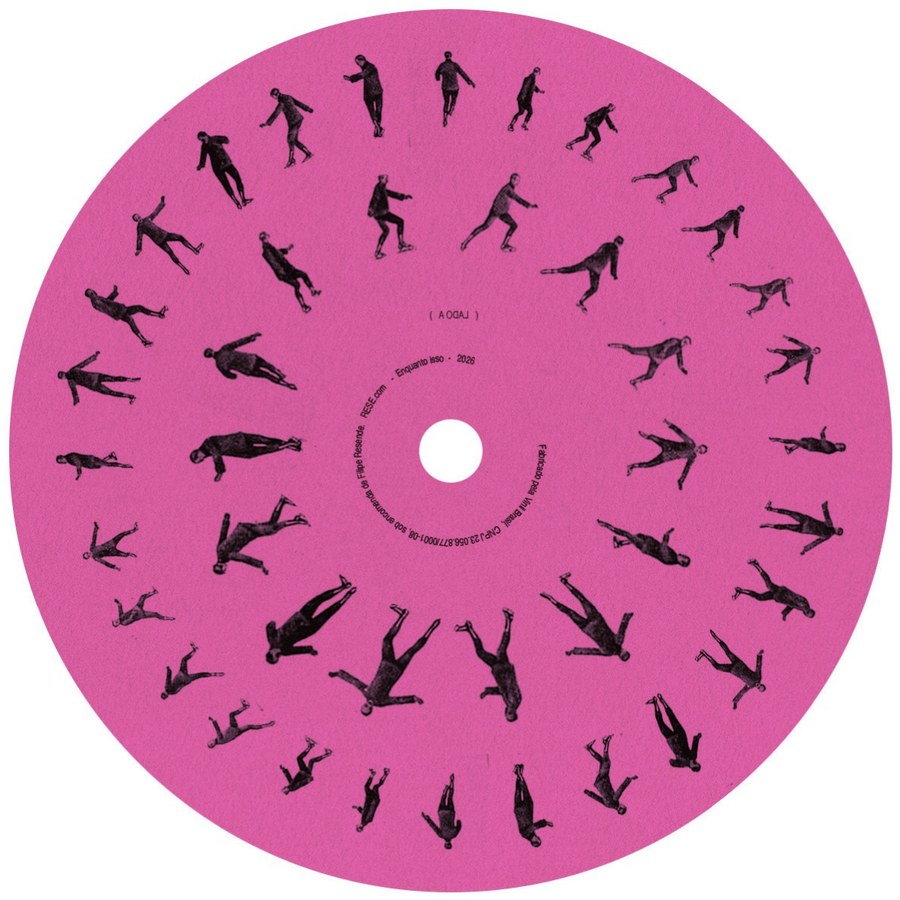 Selo do vinil Lado A — fundo rosa neon com figuras humanas em espiral
